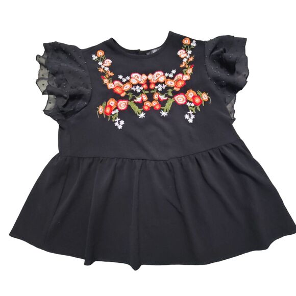 Shein Black Floral Embroidery Mesh Top Shirt Ruffle Sleeve  Blouse Size Small - Picture 4 of 8